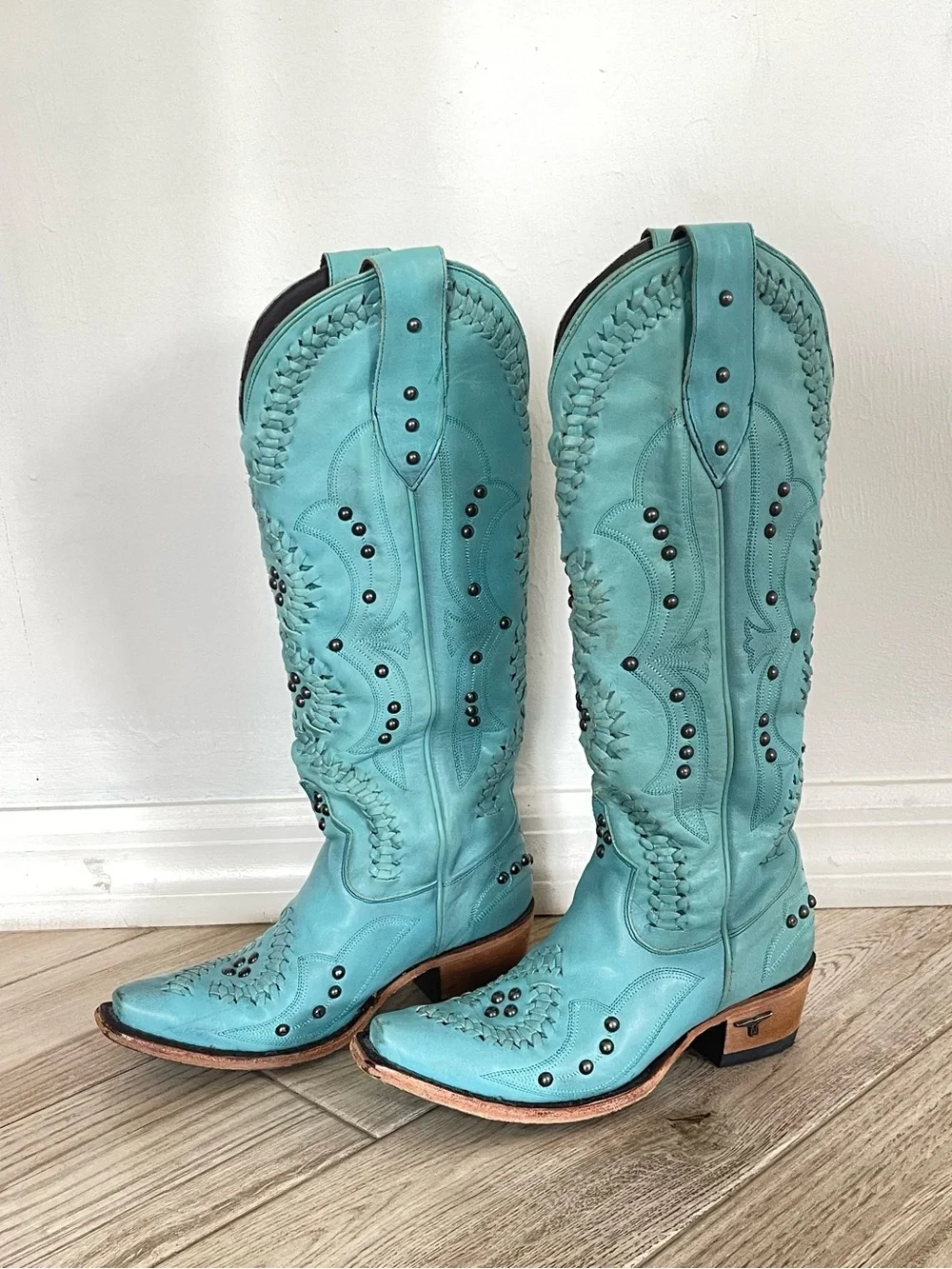Lane Cossette Turquoise Tall Western Braided Studded Snip Toe Boots